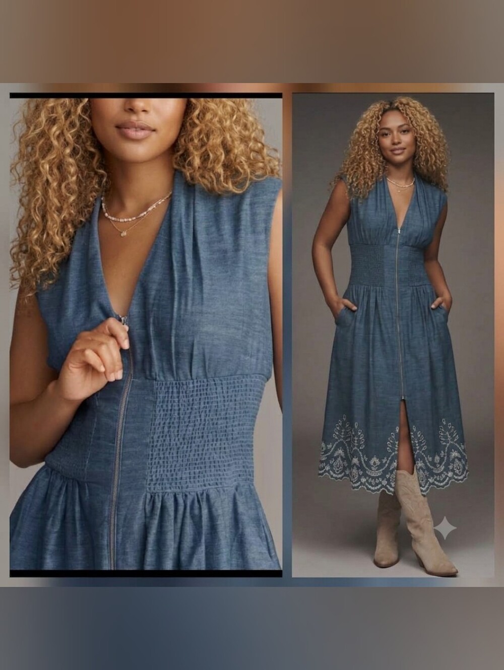 This is the Anthropologie The Tommie Denim Chambray Zip Front Eyelet Trim Dress,